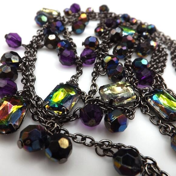 New York Iridescent Rhinestones Beads Necklace, Gunmetal Gray, 3 Strands, 20" - Picture 9 of 9